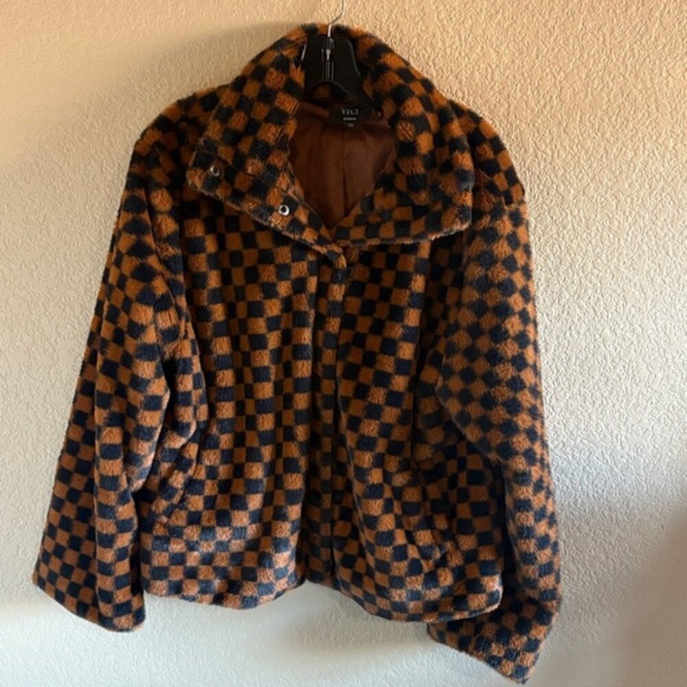 Vici Black and Brown Checkered Teddy Jacket